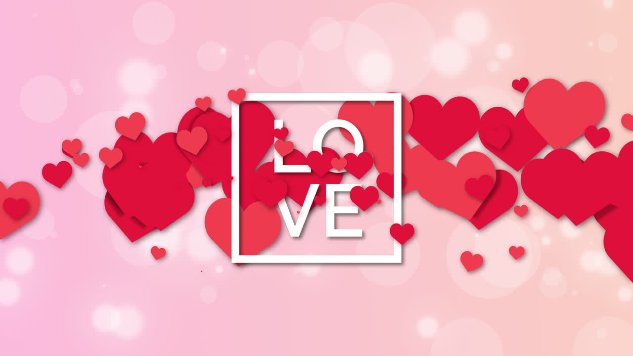 Text LOVE. Pink background with animation of flying red hearts. Happy valentines day and weeding design elements.