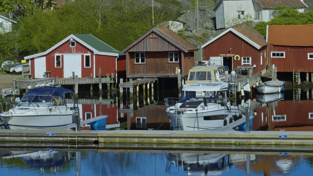 Idyllic scene of boats docked at the wooden piers in a peaceful Swedish archipelago