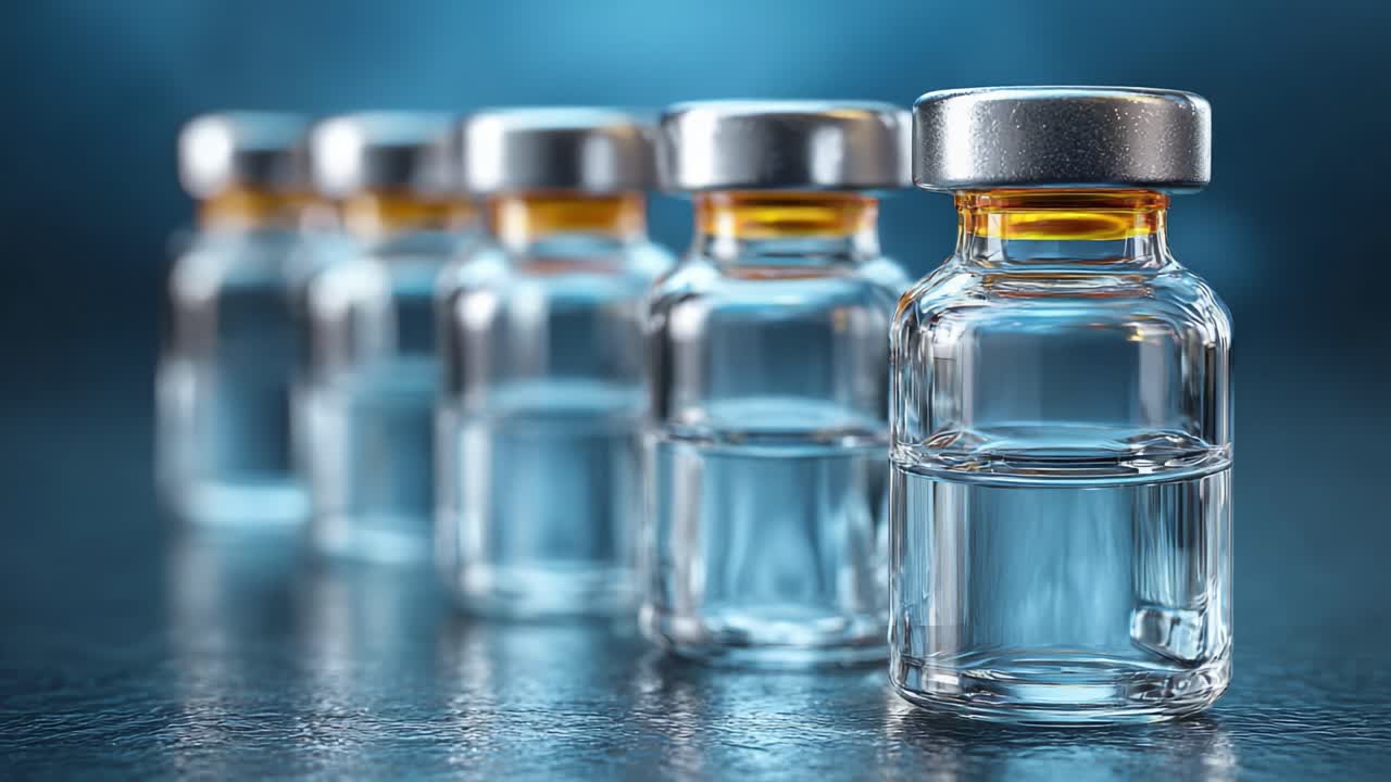 Una Fila di Fiale Mediche Trasparenti Che Mostrano la Loro Trasparenza e il Design in un Ambiente Poco Illuminato, Evidenziando l'Uso e l'Importanza delle Vaccinazioni e delle Soluzioni Sanitarie