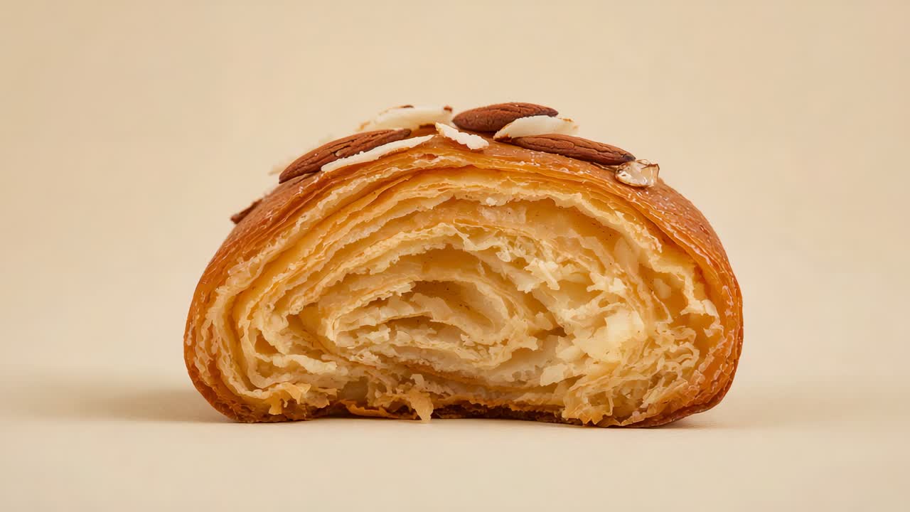 Frames starting camera zoom moving closer to almond croissant half on beige table showing layers