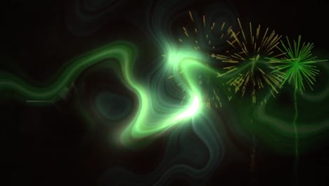 animación de feliz navidad, fuegos artificiales y relámpagos sobre fondo negro