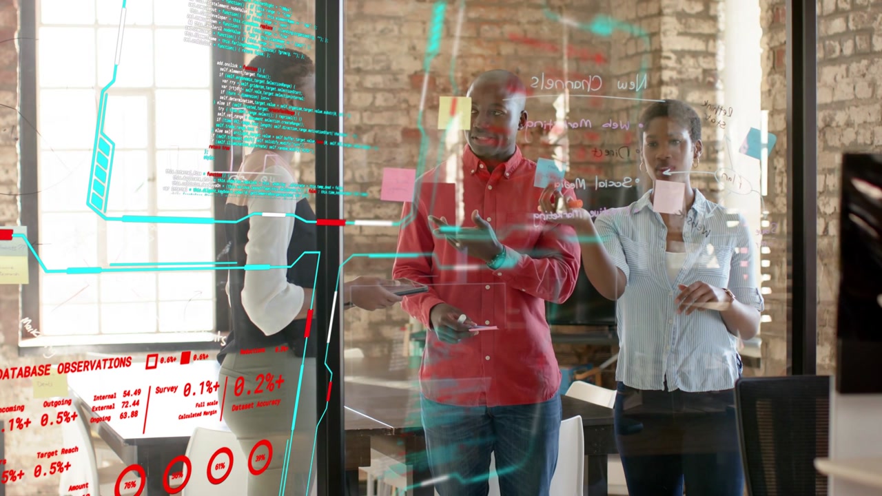 Left colleague gesturing product planning on glass, tapping tablet, placing pink note, overlays