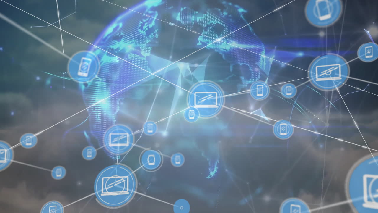 animación de puntos conectados y globo sobre vista aérea de nubes densas en el fondo