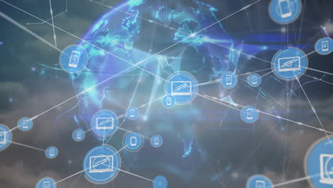 animation of connected dots and globe over aerial view of dense clouds in background