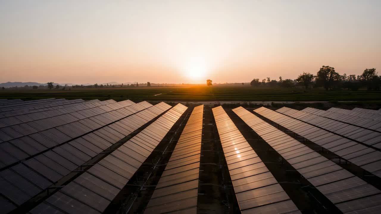 Gnistrende solcellepaneler reflekterer den opstigende sol på en solcellepark på landet, metalskinner glimter