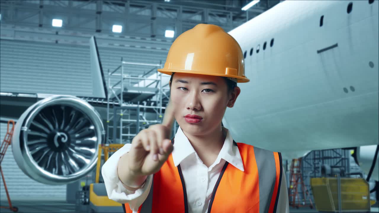 항공기 유지 보수 노동자 가 거 에서 멈추기 신호 를 주고 있다