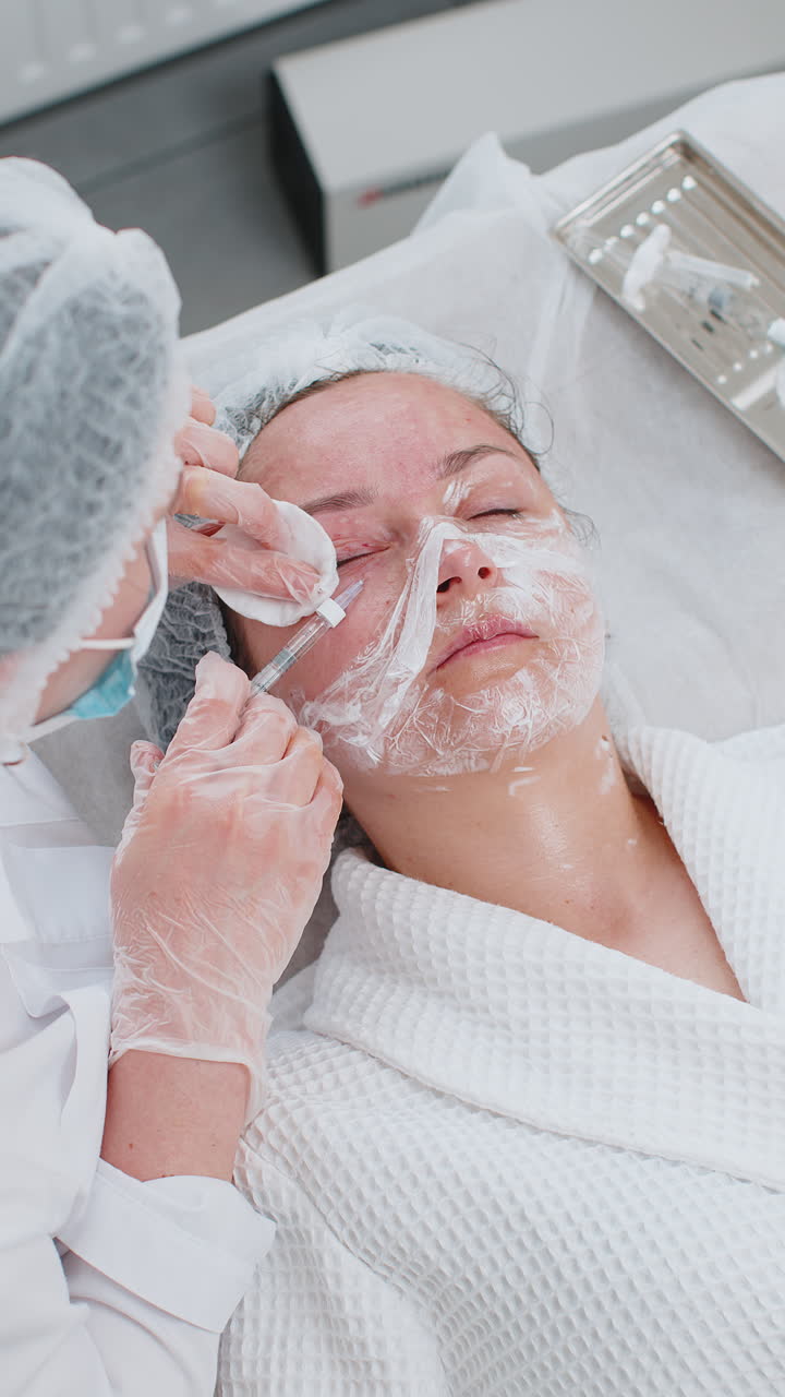 Cosmetologo esegue iniezioni di bellezza anti-età su giovane donna: biorivitalizzazione, mesoterapia viso e occhi