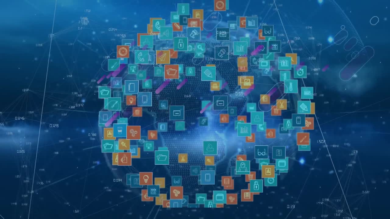 animación de formas rosadas que caen sobre diversos iconos que giran en el espacio azul