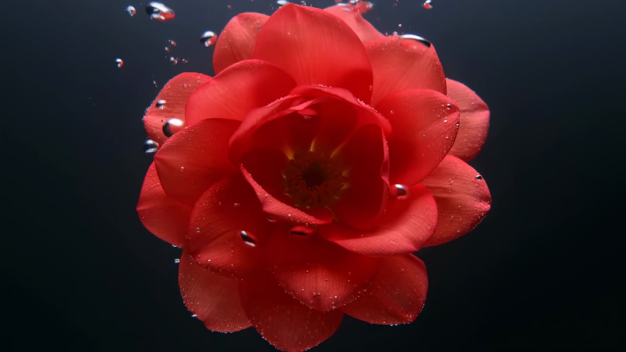 Rosa rossa sott'acqua con bolle, primo piano in studio che mostra petali delicati, goccioline d'acqua e lento ondeggiamento.
