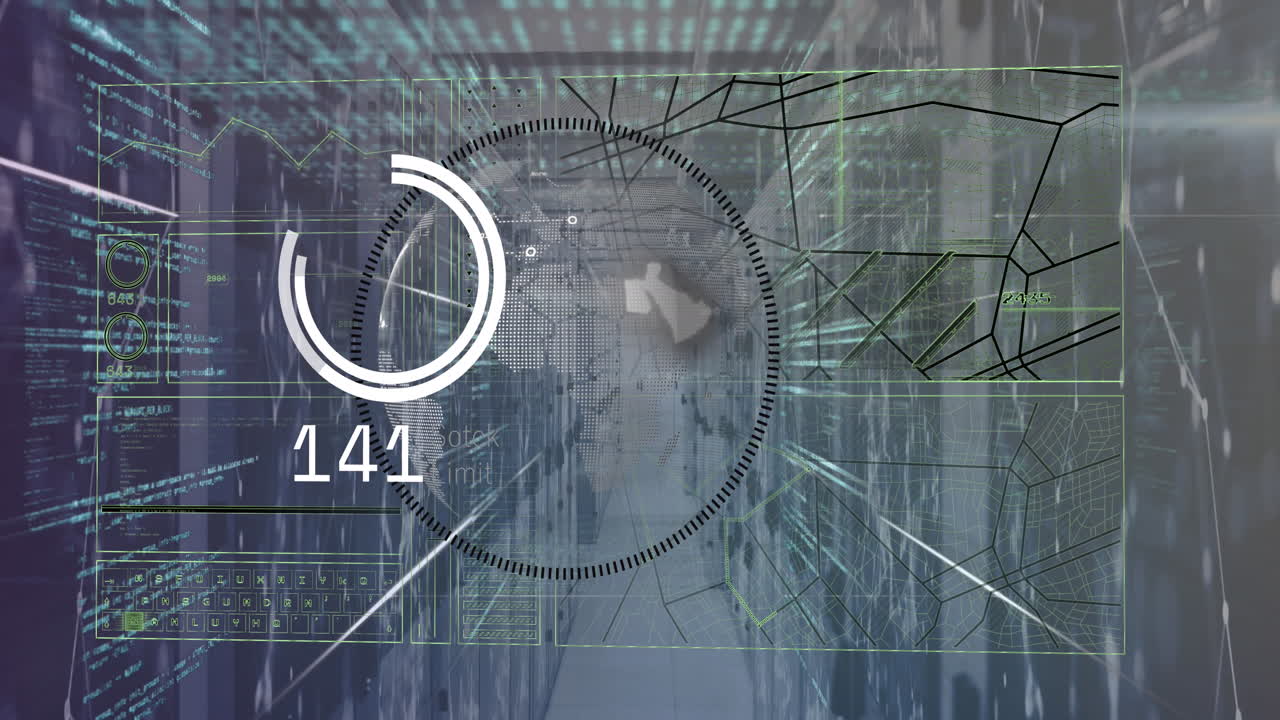 animación de la interfaz con procesamiento de datos sobre el globo giratorio contra la sala de servidores de la computadora.