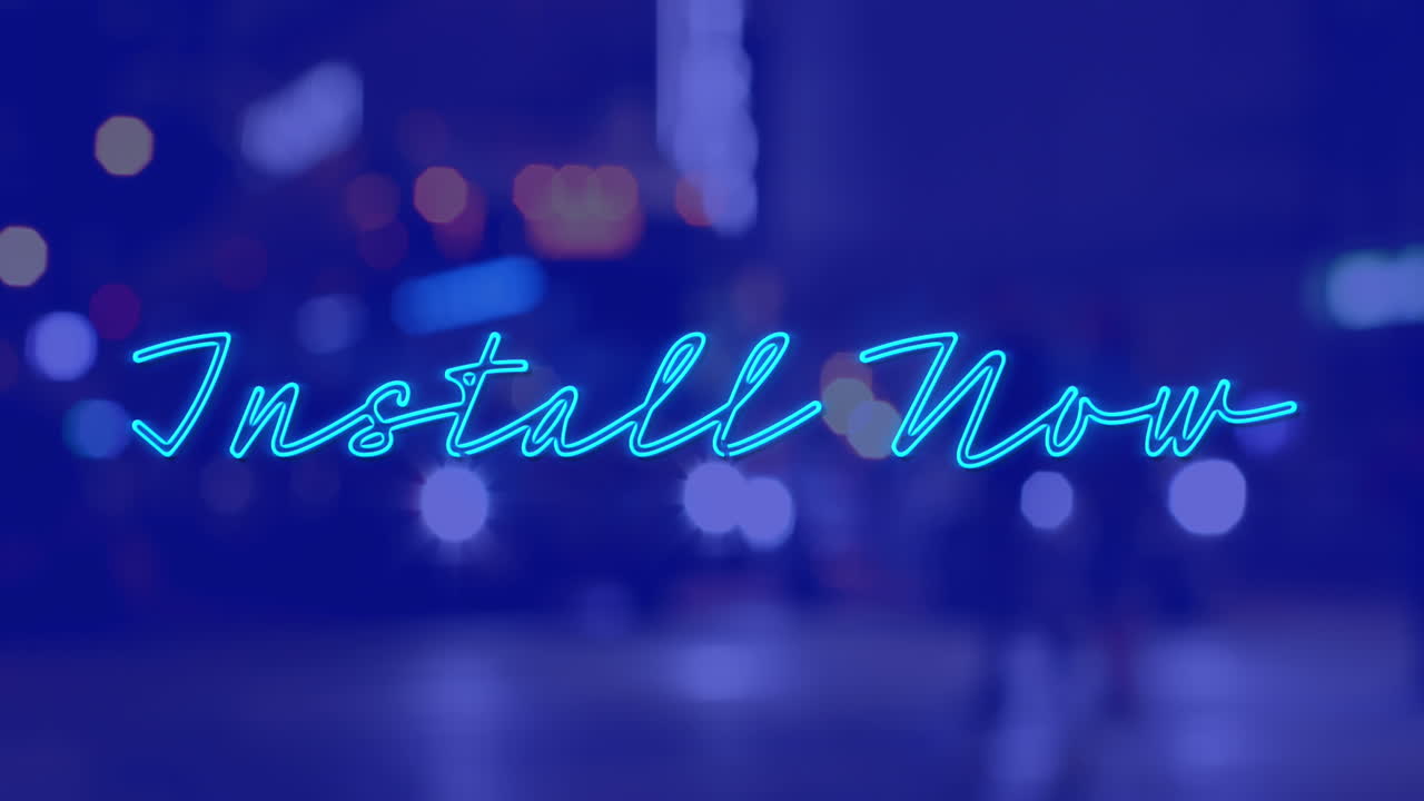 블루 배경에 밤에 도시 풍경 위에 지금 설치 텍스트의 애니메이션