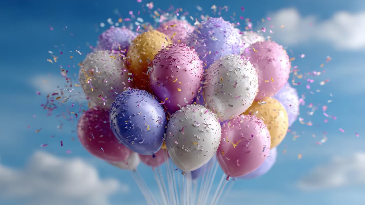 Una collezione vivace e gioiosa di palloncini colorati con glitter e coriandoli su un cielo blu brillante, perfetta per feste e occasioni speciali
