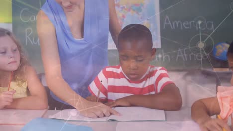 animation of network of connections over diverse group of pupils with female teacher