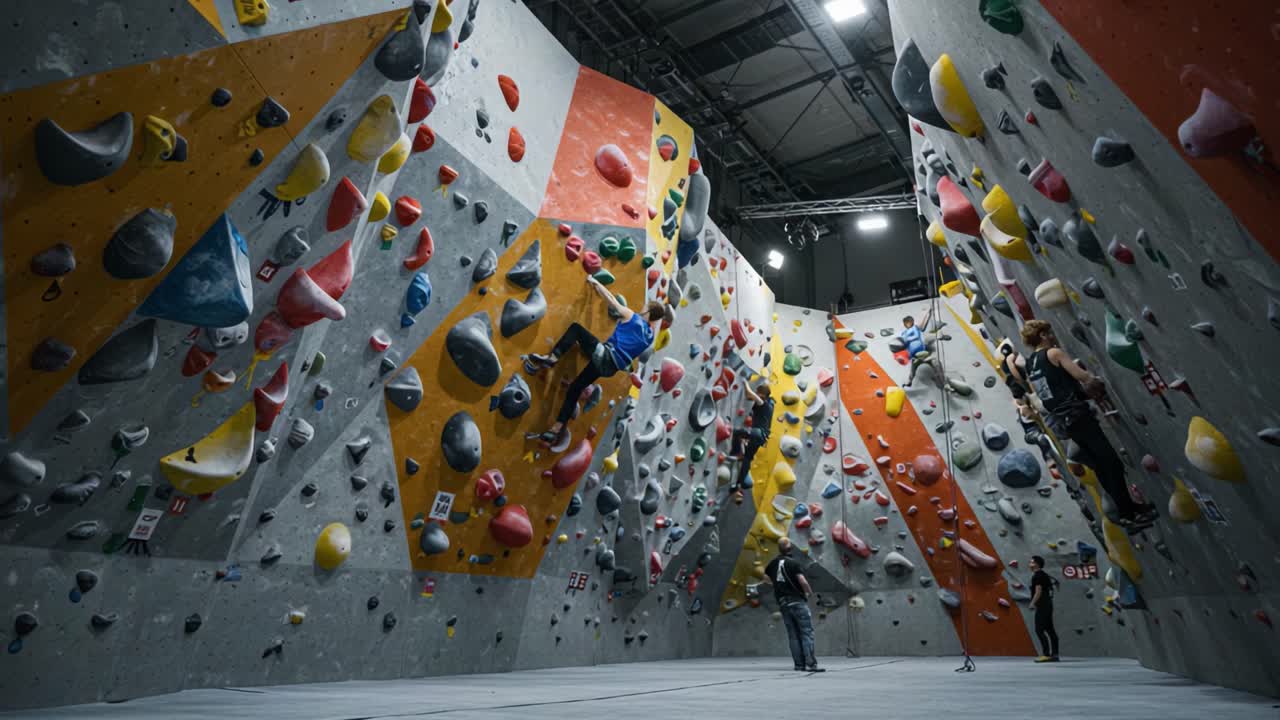 Dynamic Indoor Climbing Environment: Engaging Climbers Navigate Colorful Routes on Vertical Walls in a High-Energy Bouldering Gym Setting