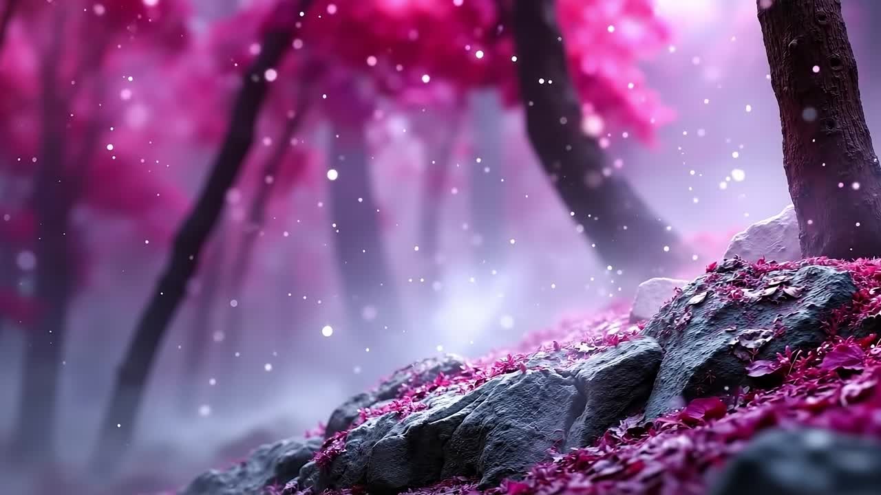 A rock in the middle of a forest covered in pink leaves