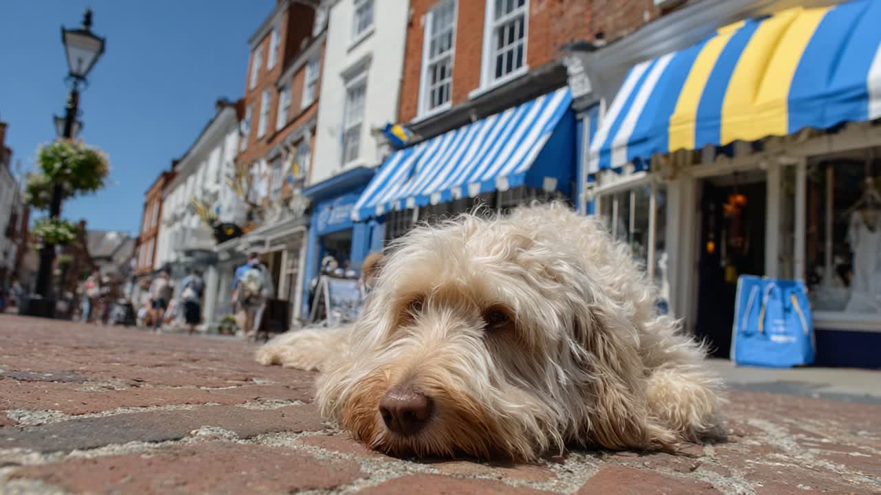 Un cane rilassato si gode una giornata di sole per le strade, circondato da negozi incantevoli e persone che passeggiano in un vivace ambiente urbano
