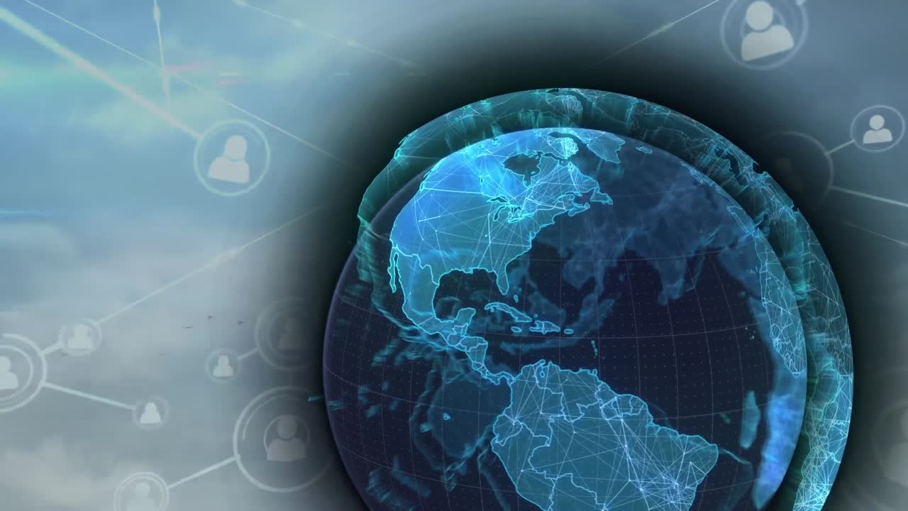 지구의 애니메이션과 하늘 위의 연결 네트워크