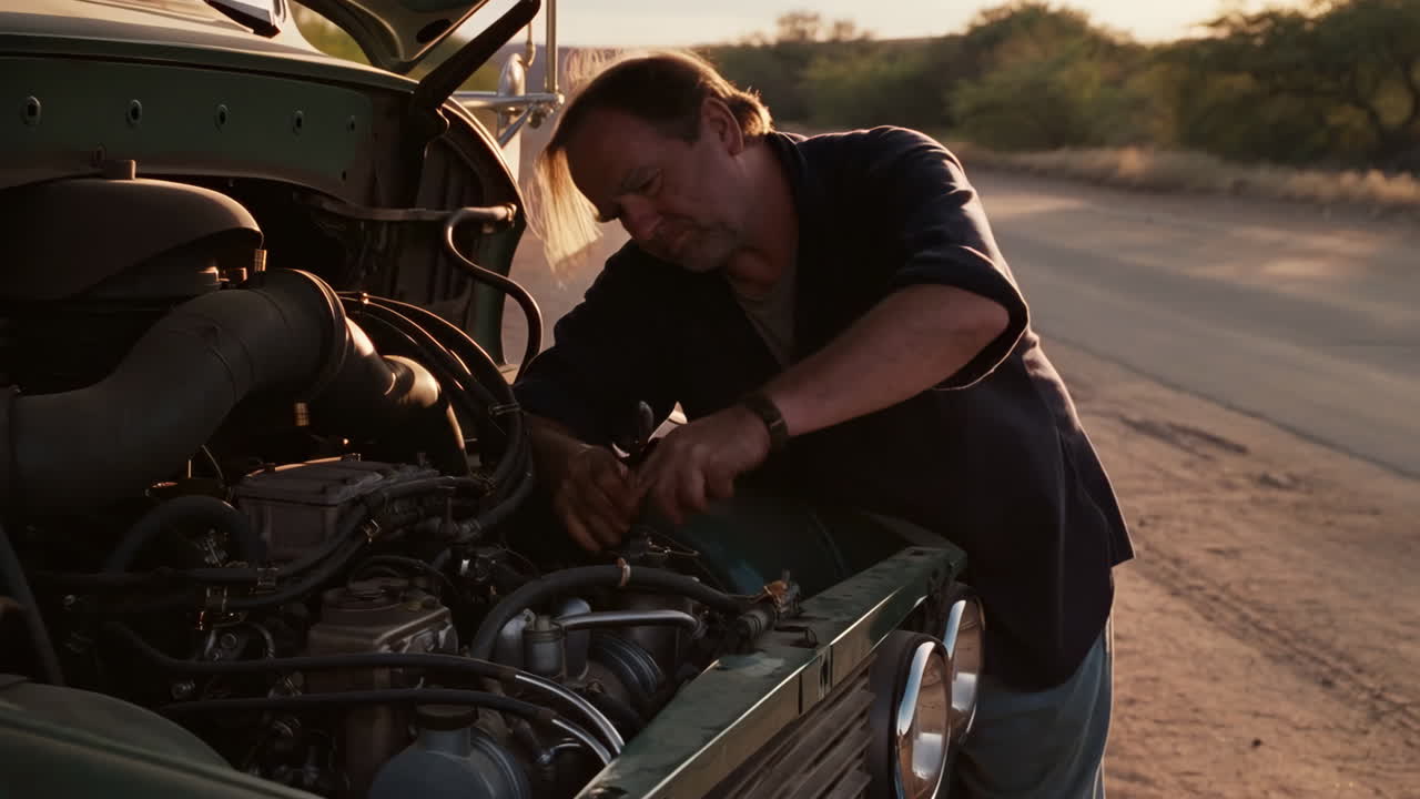 Man repairing a truck engine on a rural road