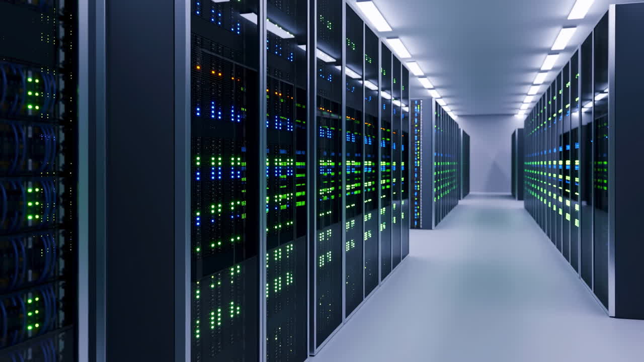 Sleek Data Center Aisle Lined Servers, Illuminated Status Leds And Indicator Lights, Cool Blue And Green