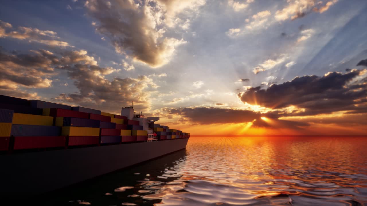 Loaded Container Cargo Ship Sailing Over Calm Sea Into The Sunset