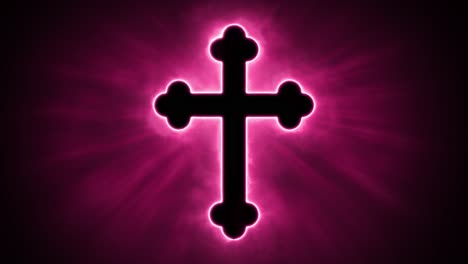 uplifting and deeply inspiring reveal animation of an ornate and holy red christian crucifix cross, in a smoky mystical glow and emating shining god rays and light beams, on a black background