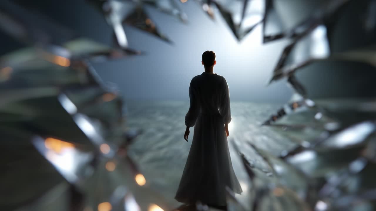 A figure stands solemnly in a mysterious landscape, emerging through a shattered reflection, symbolizing fragmented realities and the journey beyond the glass's edge