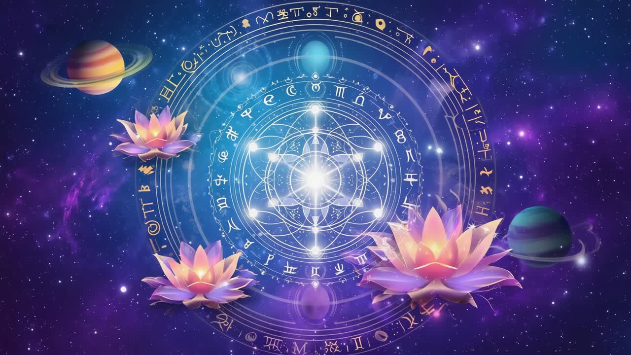 Astrological Sacred Geometry with Lotus Flowers and Planets