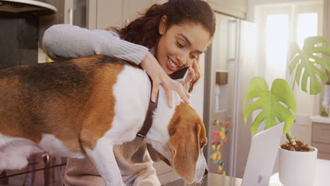 happy woman in winter cloths stroking her pet while taking on phone 4k 4k