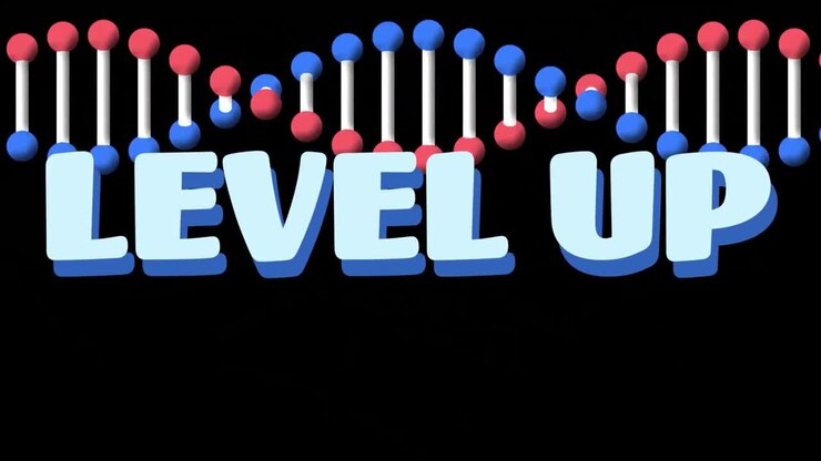 Animation af teksten 'Level up' over DNA-streng på sort baggrund