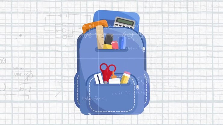 Animation of mathematical drawings and formulas over back pack on white background