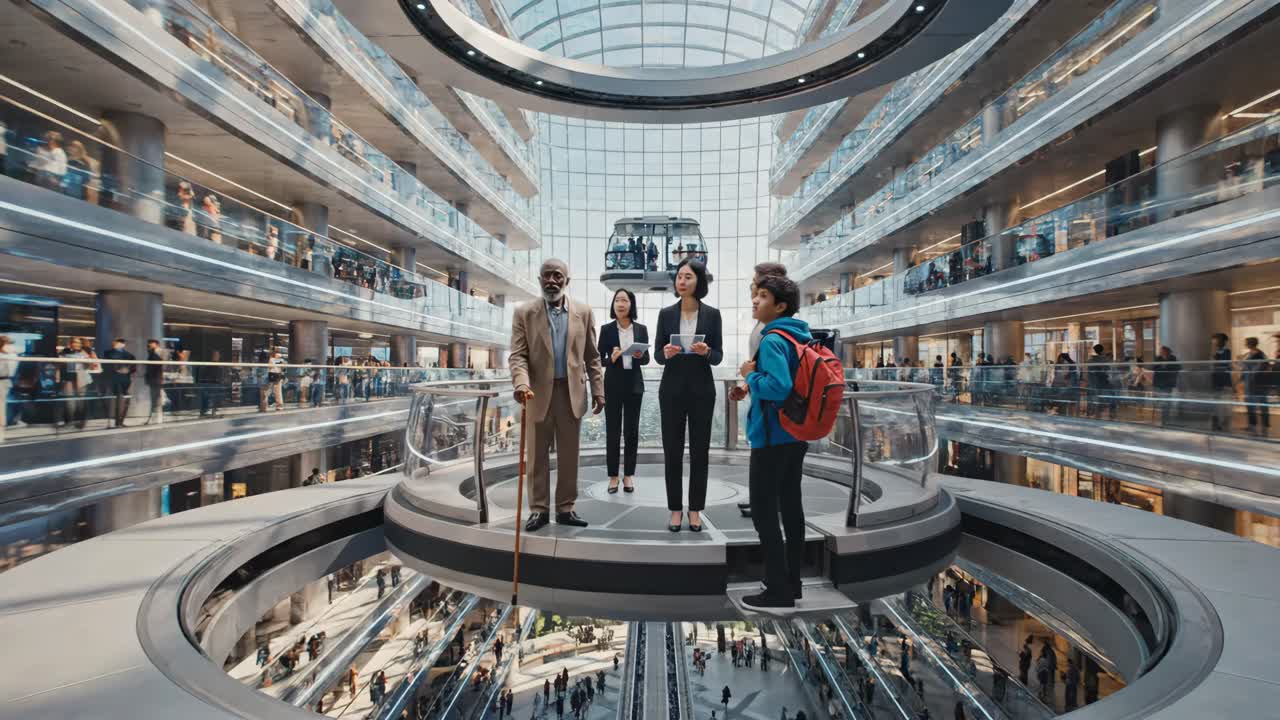 Diverse group of people in a futuristic building