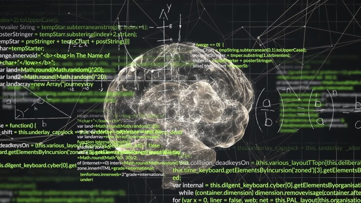 Animation of data processing, mathematical equations, network of connections over human brain icon