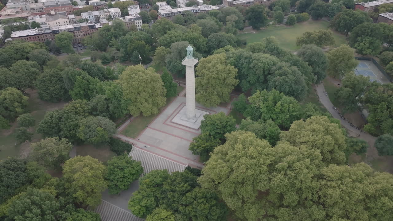 Aerial view of Fort Greene Park on an overcast morning. Shot during the summer in Brooklyn, New York City.