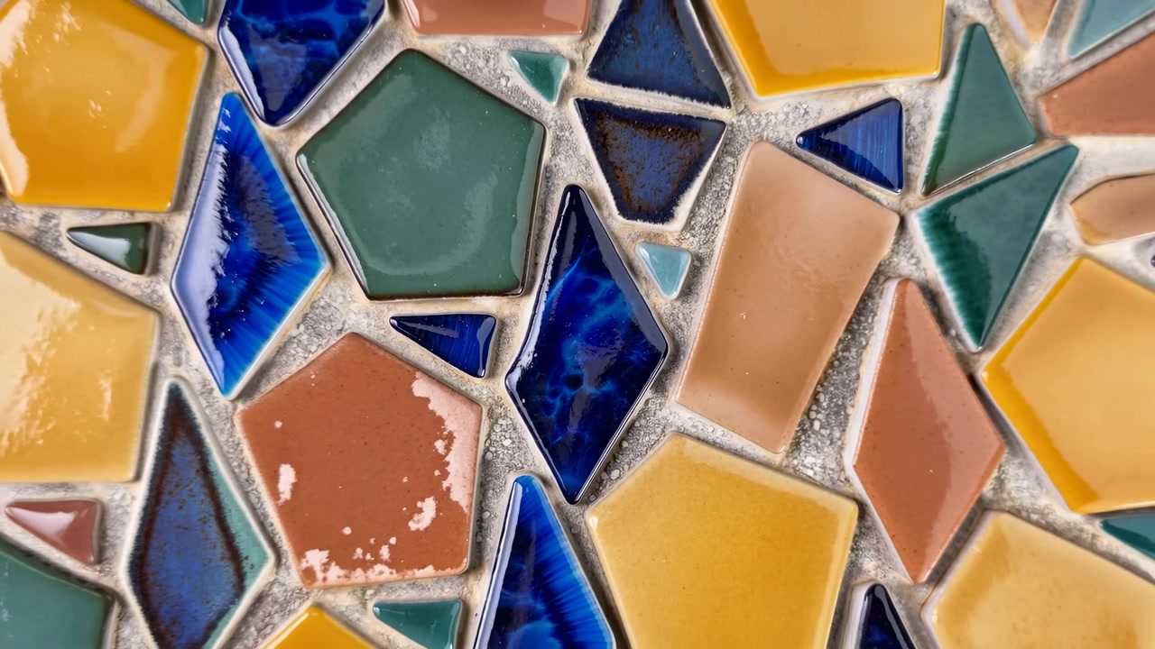 Bunte Keramik-Mosaikfliesen Nahaufnahme mit glänzenden geometrischen Fragmenten in Gelb, Blau, Grün und Terrakotta