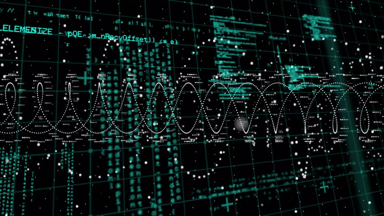 Sinusoidal waveform running across interface with teal code scrolling, 3D grid, white particles