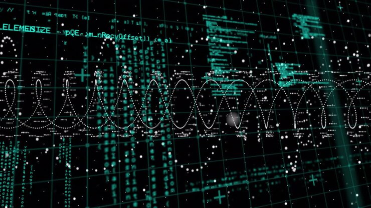 Sinusoidal waveform running across interface with teal code scrolling, 3D grid, white particles