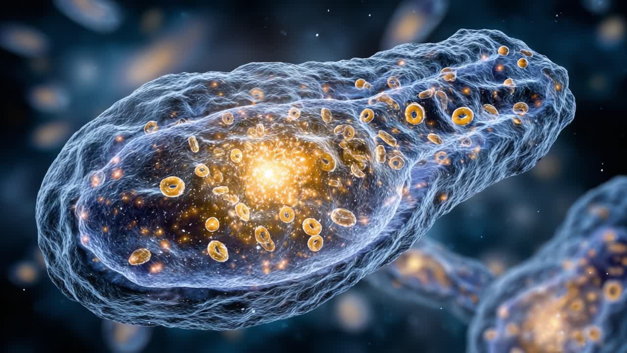 Un'esplorazione ravvicinata di una struttura cellulare luminosa che evidenzia dettagli intricati e attività cellulare sotto una lente d'ingrandimento in un contesto scientifico astratto