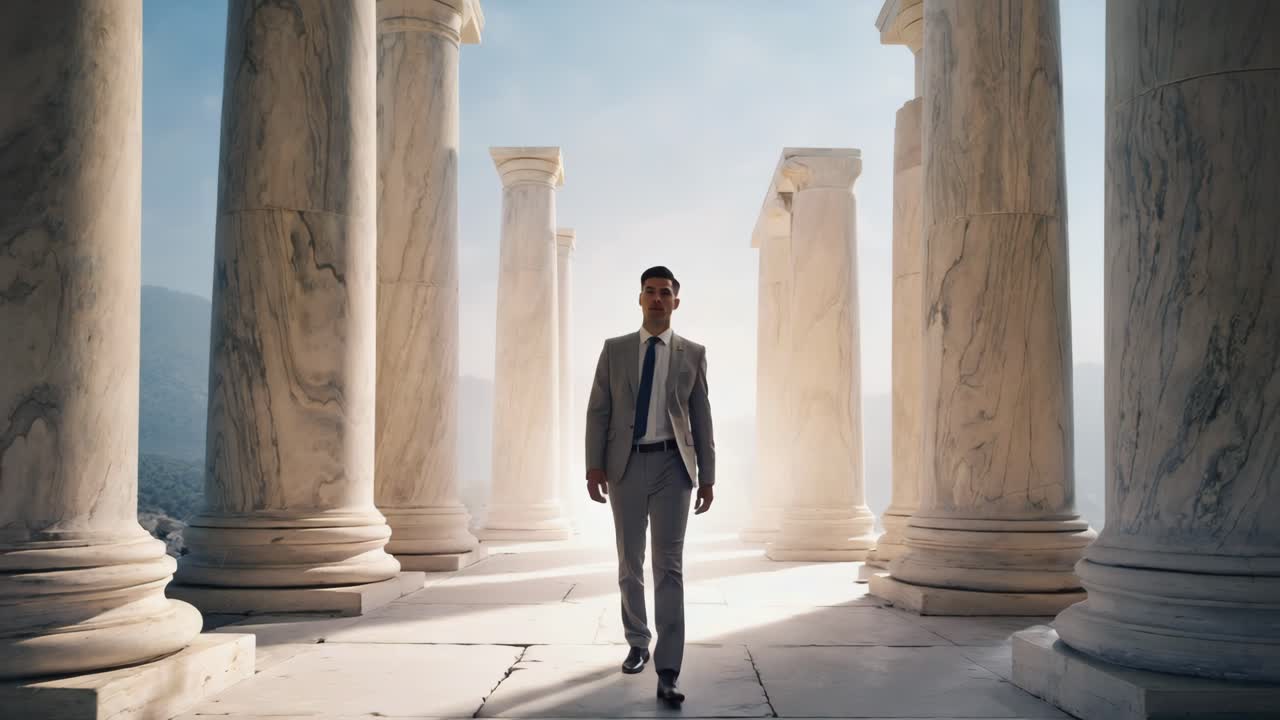 Man in a suit walking among ancient pillars