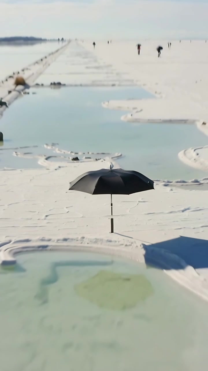 Vertikal video: Kamera som dras tillbaka och visar ett svart paraply på saltslätter, vattenpölar och vandrare i rockar.