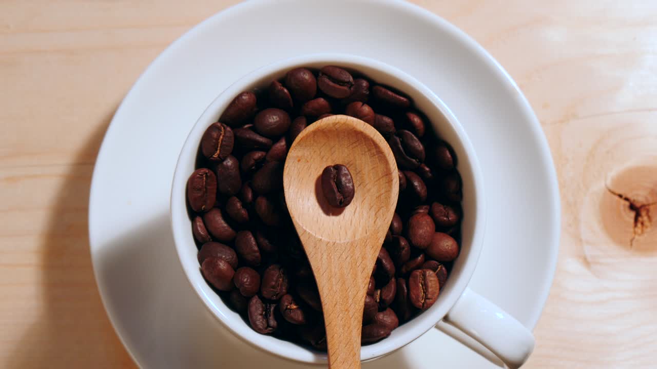 Coffee bean on a wood spoon