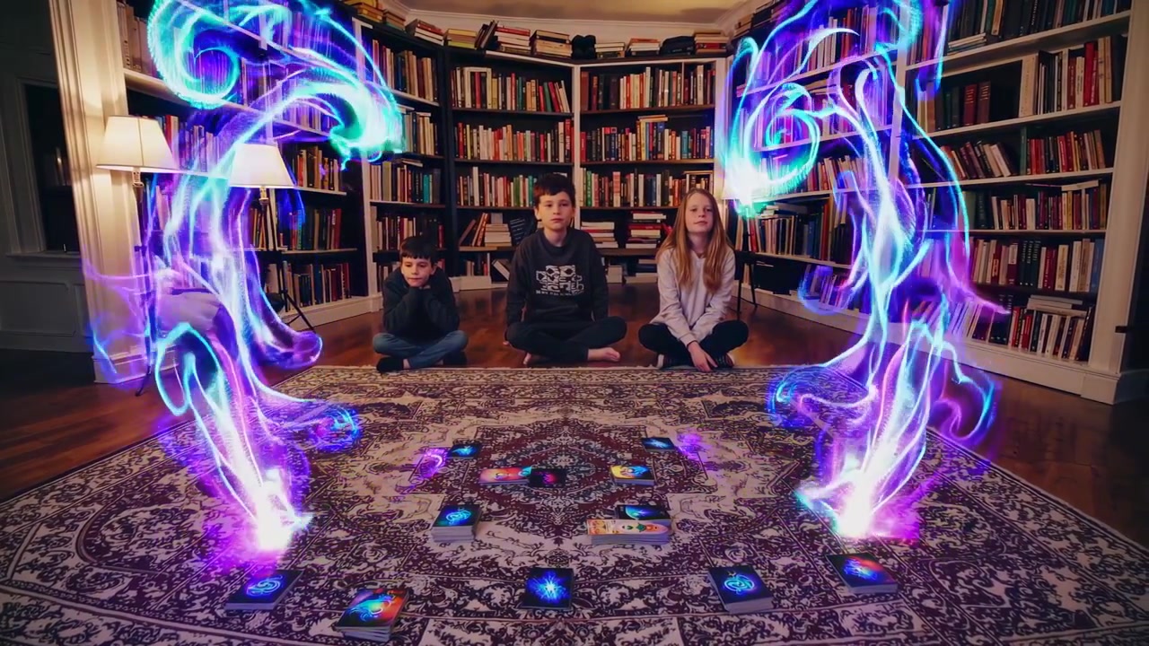 Børn sidder på bibliotek med magiske glødende energieffekter