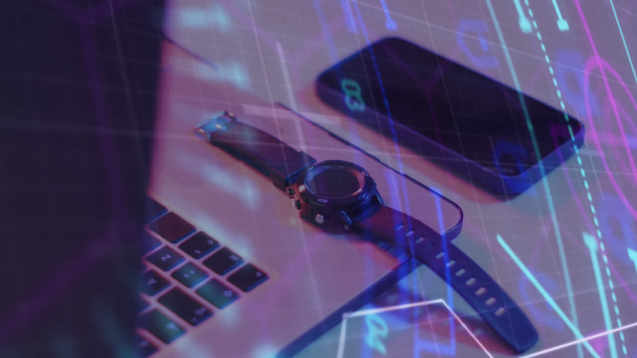 노트북, 스마트 워치 및 스마트 폰을 통해 범위 스캐닝과 데이터 처리의 애니메이션