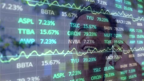 animación del procesamiento de datos financieros sobre un empresario caucásico que usa un teléfono inteligente