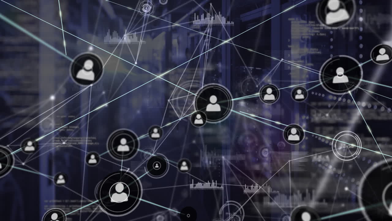 Animation of network of connections with icons over servers