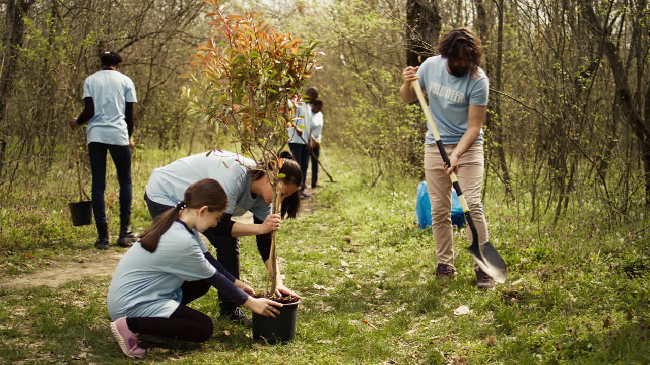equipo de voluntarios que cultivan el hábitat natural en un bosque