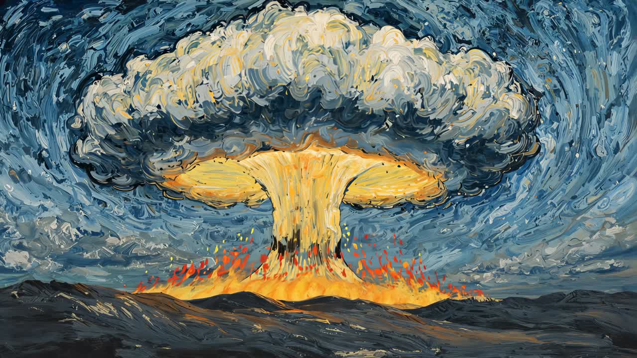 Looping mushroom cloud explosion painting filling horizon, showing fiery column, swirling smoke
