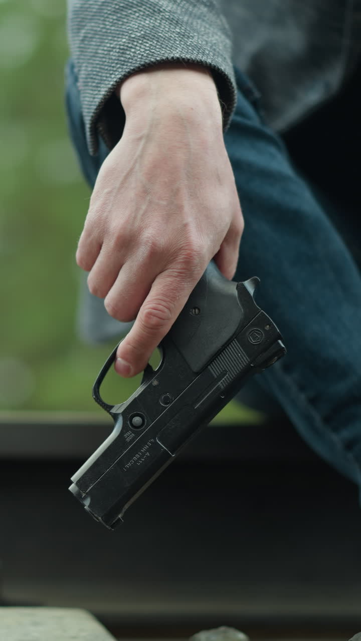 una vista cercana de una persona con una chaqueta gris, pantalones vaqueros azules y zapatos de lona negros sentados en una vía ferroviaria, sosteniendo una pistola con un agarre firme, el dedo en el gatillo y su cabeza en su otra mano