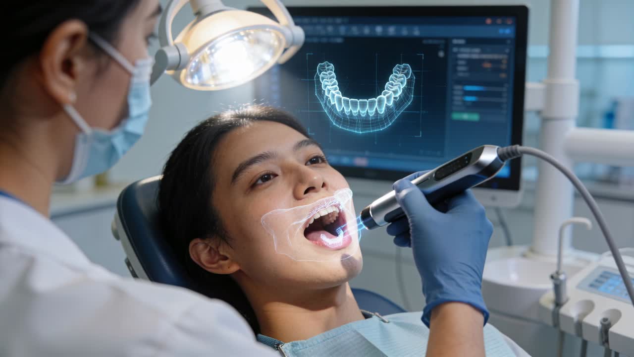 Bringing scanner, gloved clinician scanning patient mouth at clinic, capturing 3D model on screen