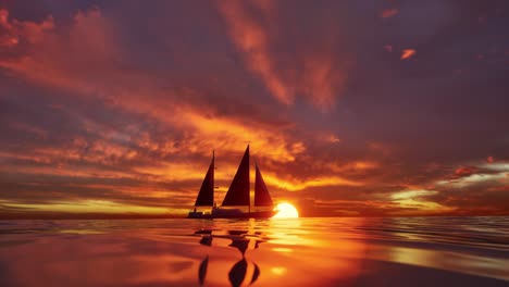 a cinematic scene of small sailing yacht boat sailing along the golden calm waters on lake, river, sea or ocean. beautiful sunset or sunrise, relaxation, calmness, sailing, sailors. luxury living