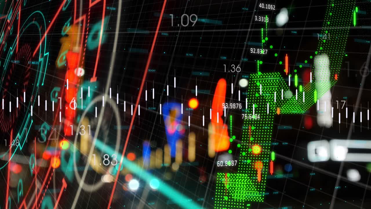 Animazione di scanner circolare e elaborazione di dati finanziari sullo sfondo del traffico notturno della città